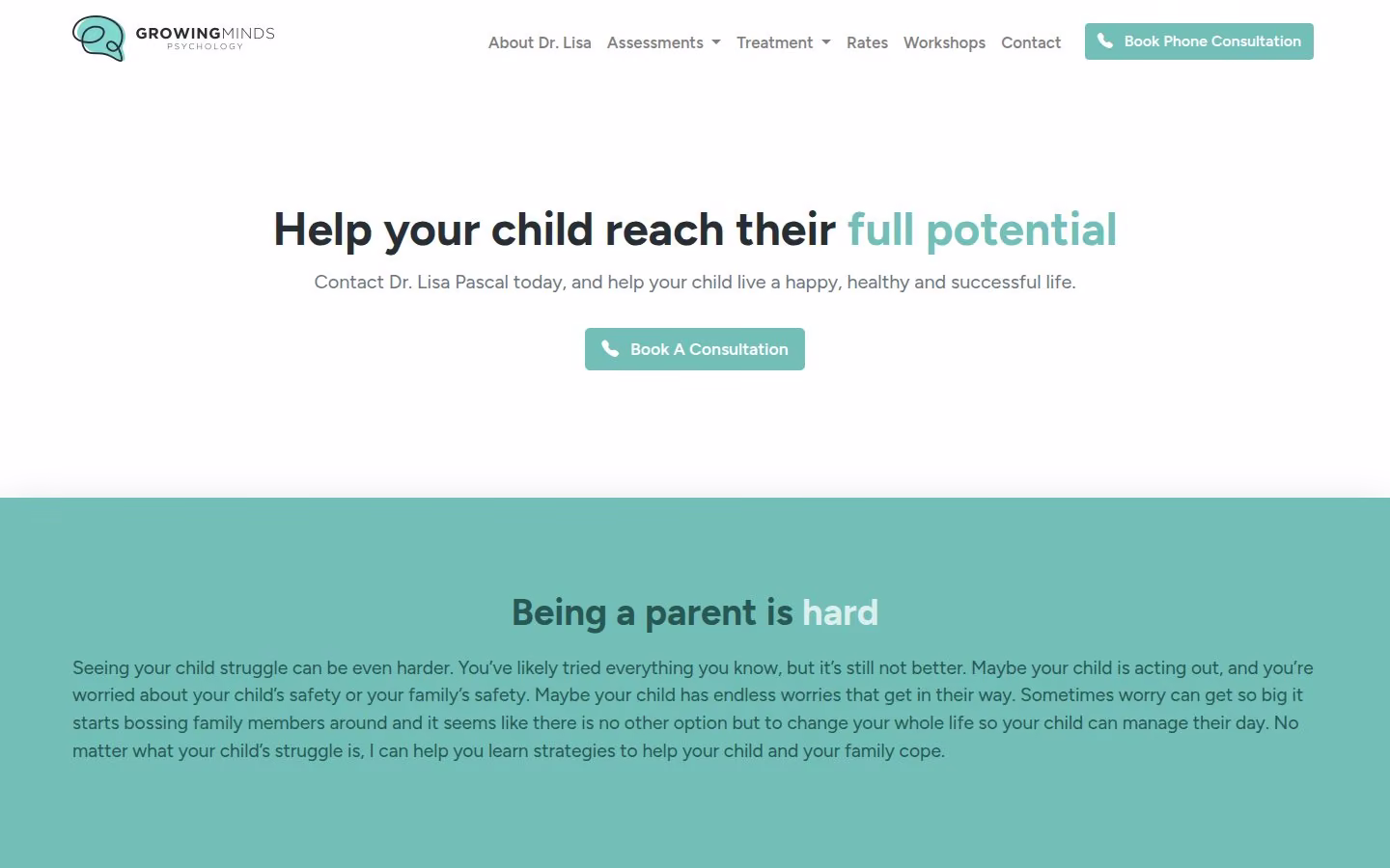 Screenshot of the Growing Minds Psychology website