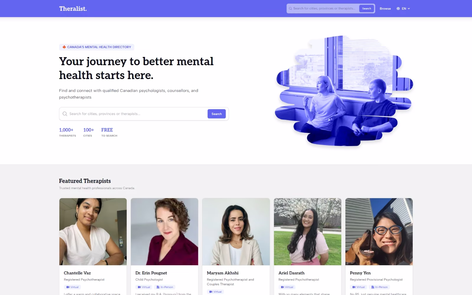 Screenshot of the Theralist website